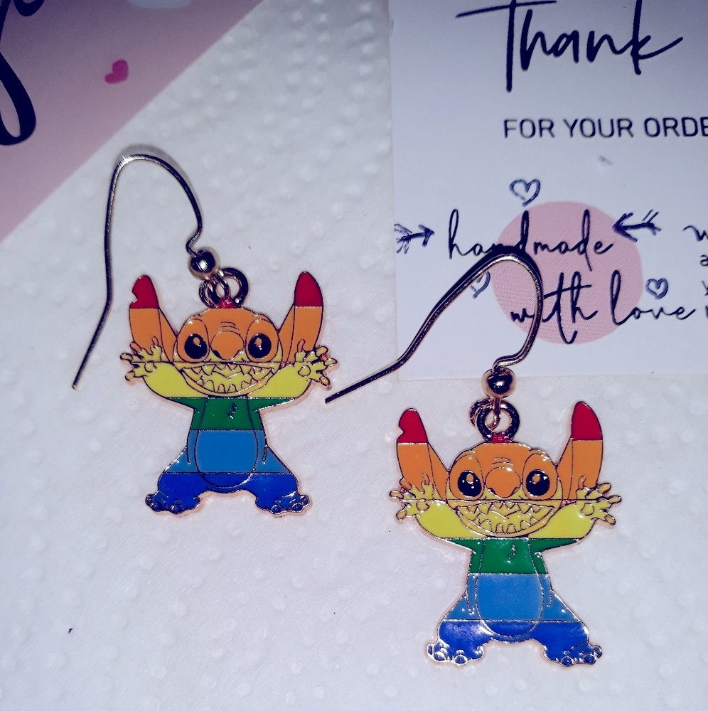 COLORFUL Stitch Rainbow Charm Dangle Earrings Cartoon Character Fun Pride  NEW